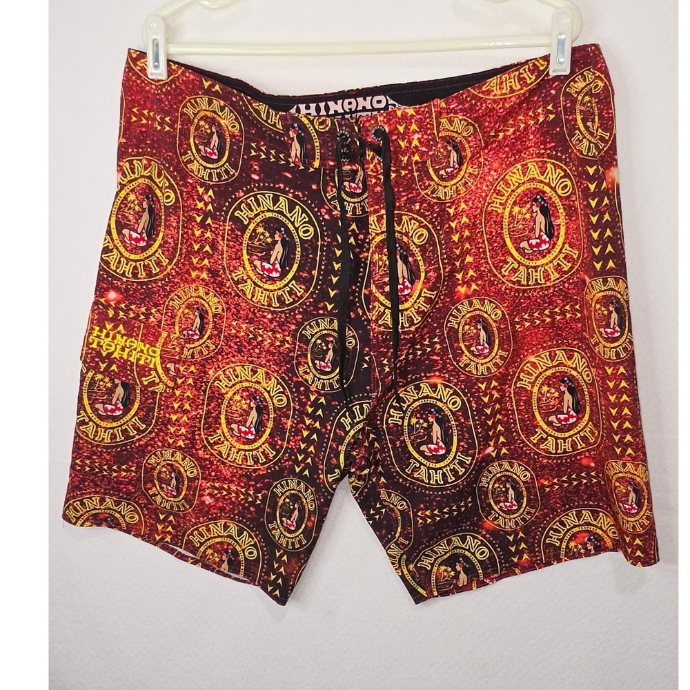 Hinano Tahiti Mens Board Shorts Size 38 Red Yellow Vahine Logo Swim Trunks Cargo